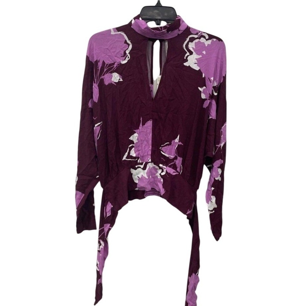 Free People Plum Floral Rayon Blouse Purple Keyhole Open Back Top Womens Size M